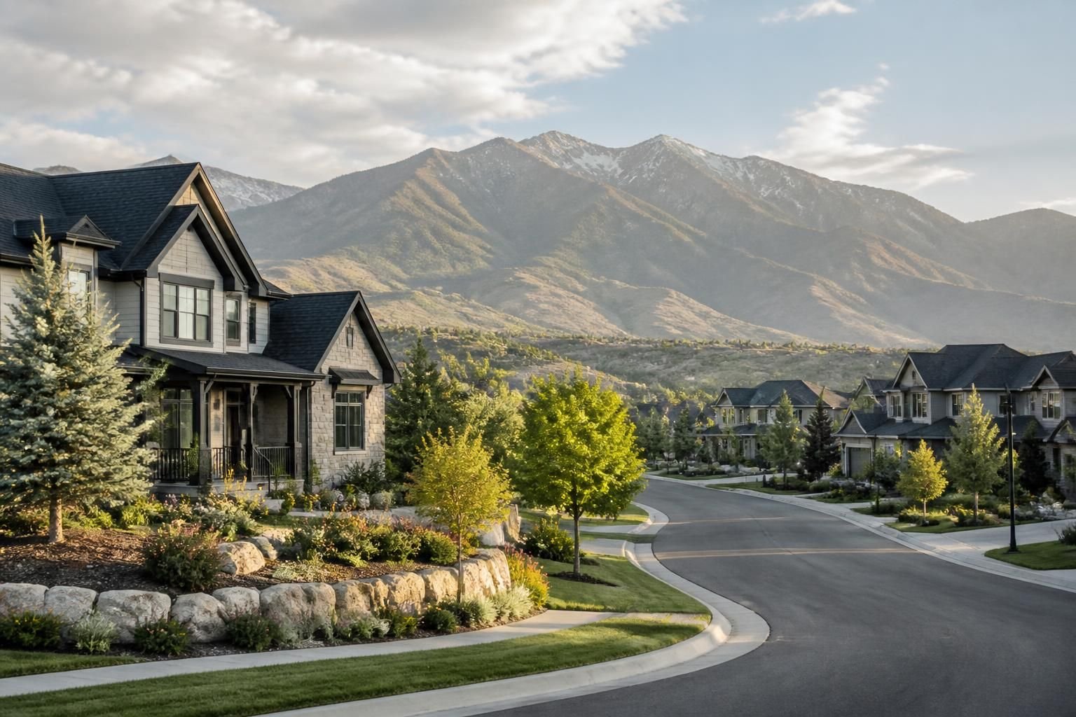Upscale Draper neighborhood with open sky and soft mountain light.