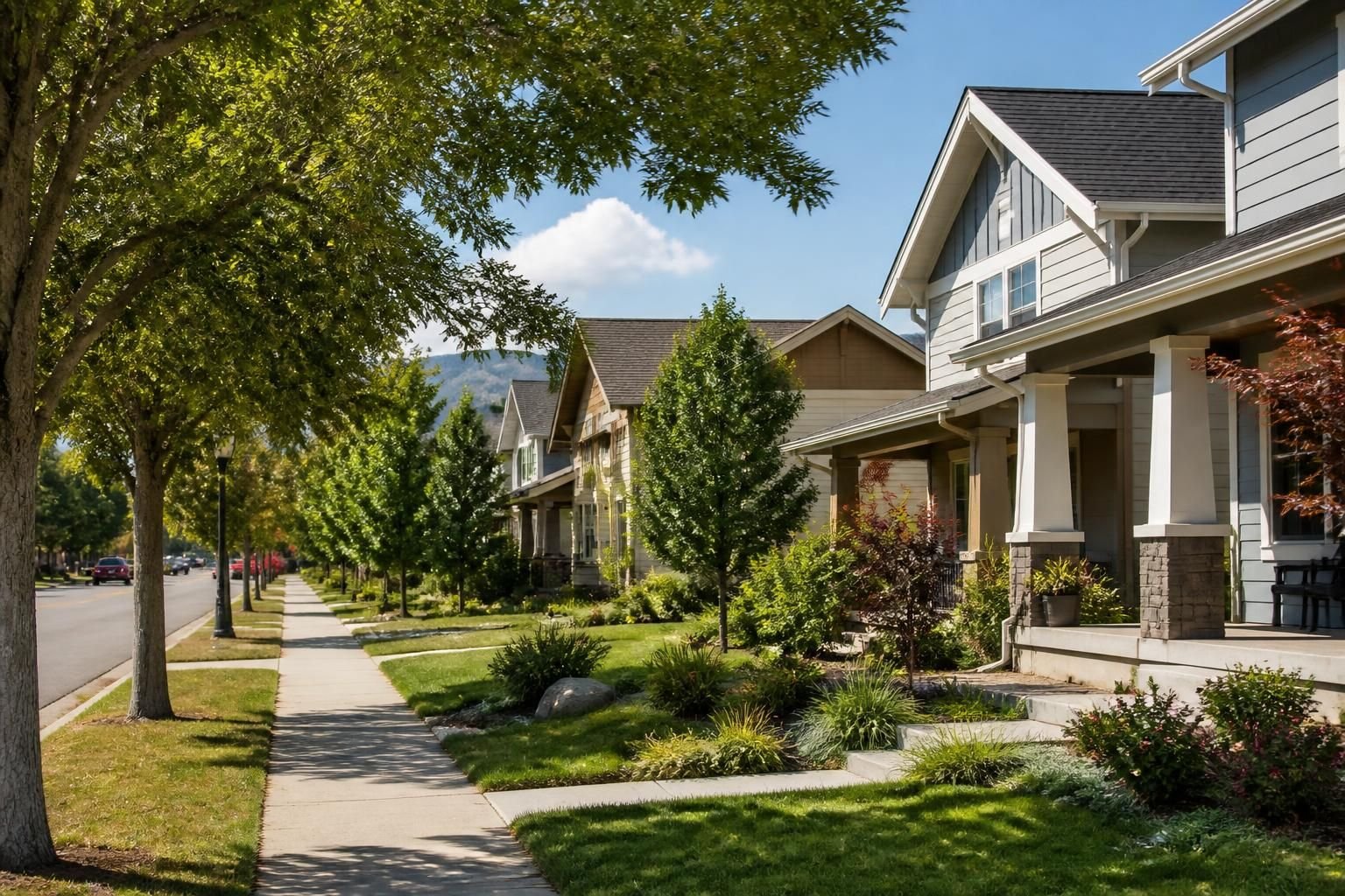 Tree-lined residential street in Murray with tidy homes.