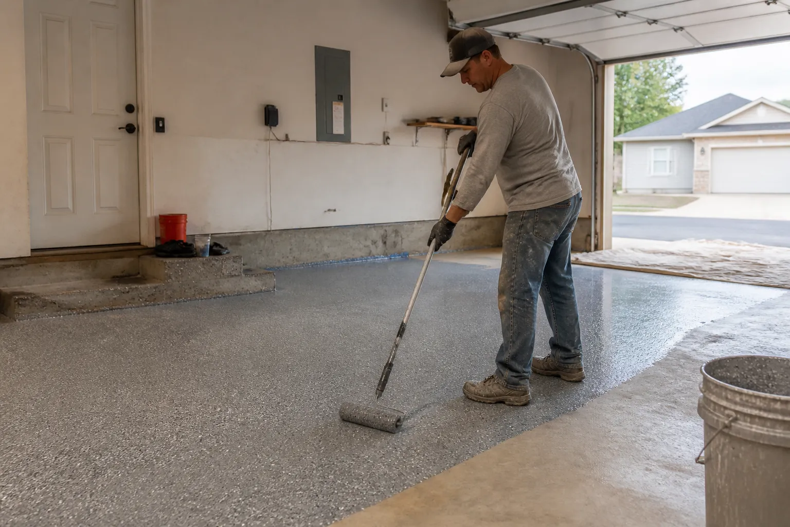 Epoxy Contractor Applying Garage Floor Coating