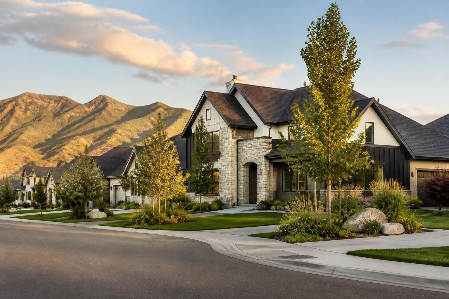 Residential area in Sandy with clean architecture and warm foothill light.