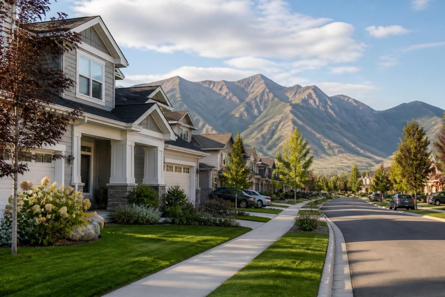 Welcoming suburban neighborhood street in South Jordan with clean homes.