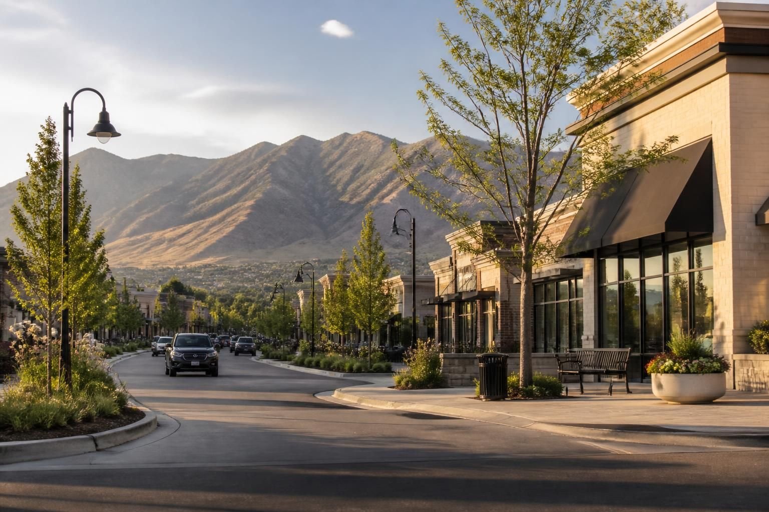 Welcoming commercial district in West Jordan with modern architecture.
